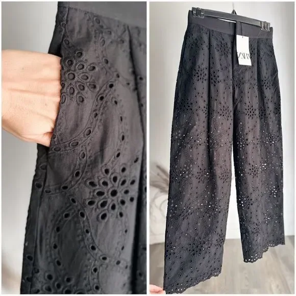 Zara Embroidered Openwork Cropped Boho Pants Black New - Picture 2 of 3